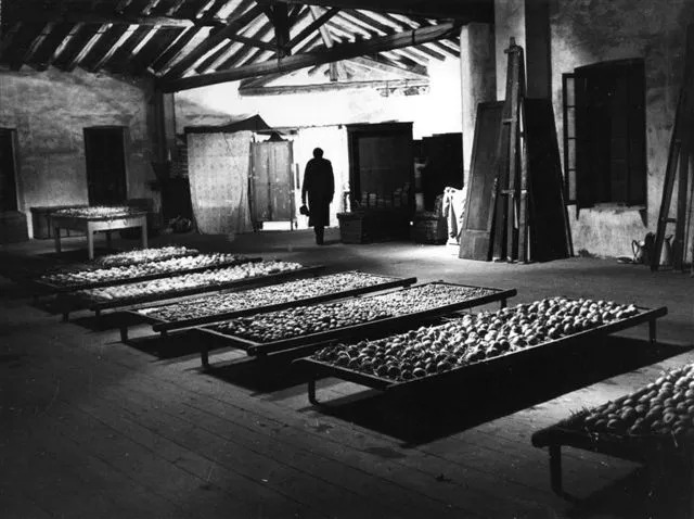Black-and-white archival scene filmed inside the historic spaces of Casagrande